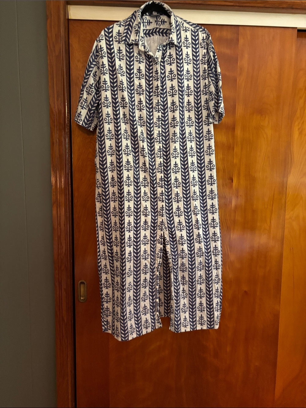 Blue & White Printed Midi Shirt Dress